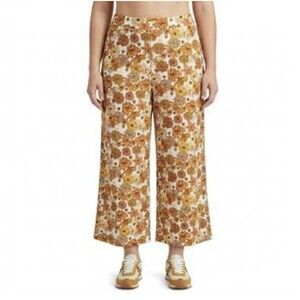 Haver and Blair London Linen Pants floral orange white yellow Wide Leg Ankle S